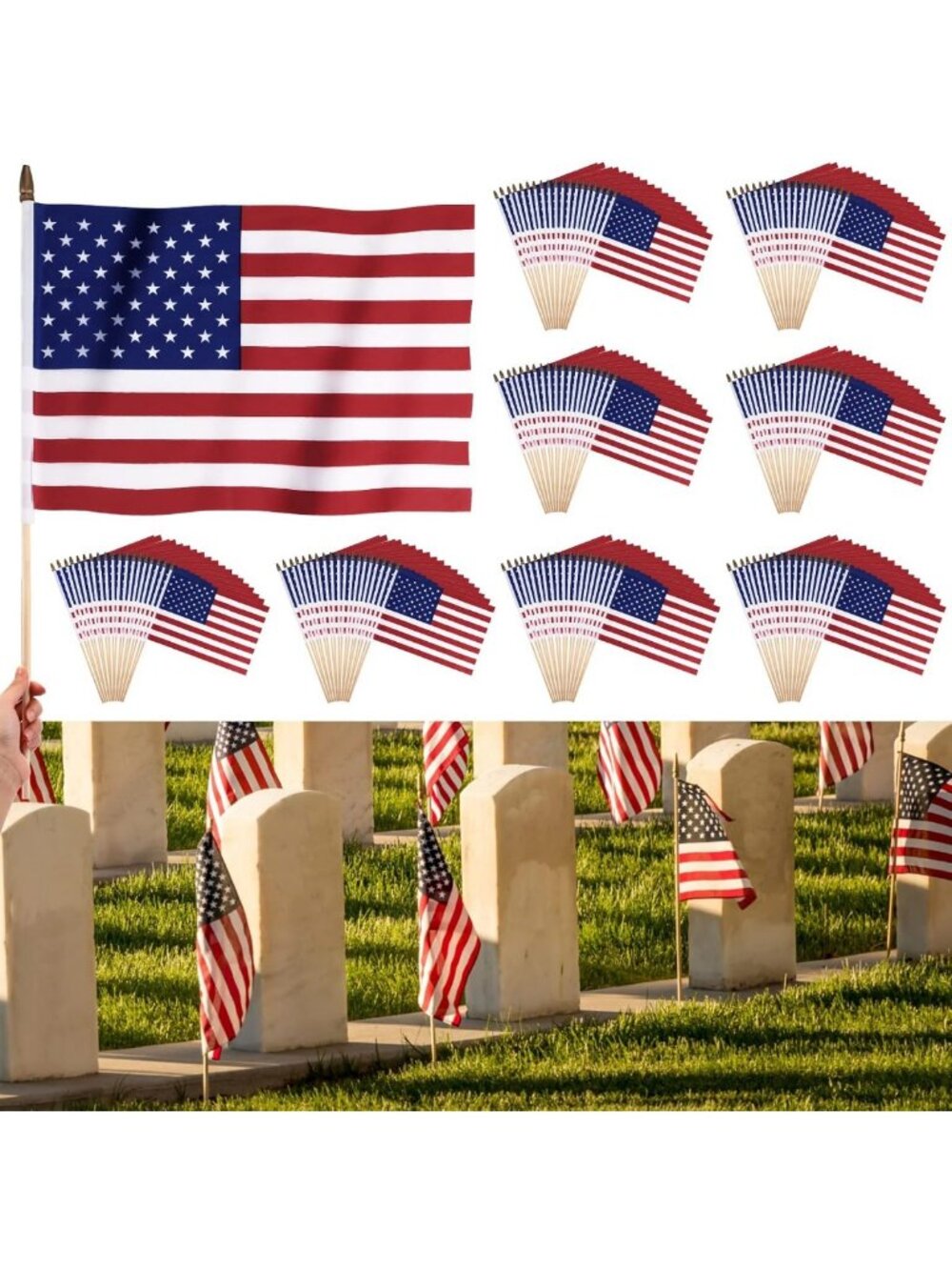 100 Pcs Mini US Flags on Stick - 12x18" Handheld American Flags for 4th of July
